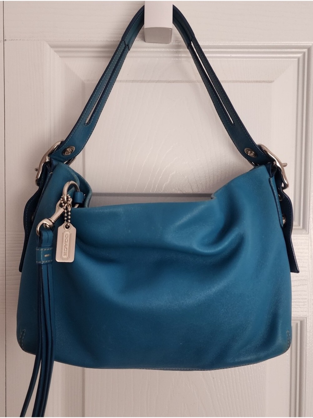 Coach Blue Leather Shoulder Hobo Bag with Tassel 1417